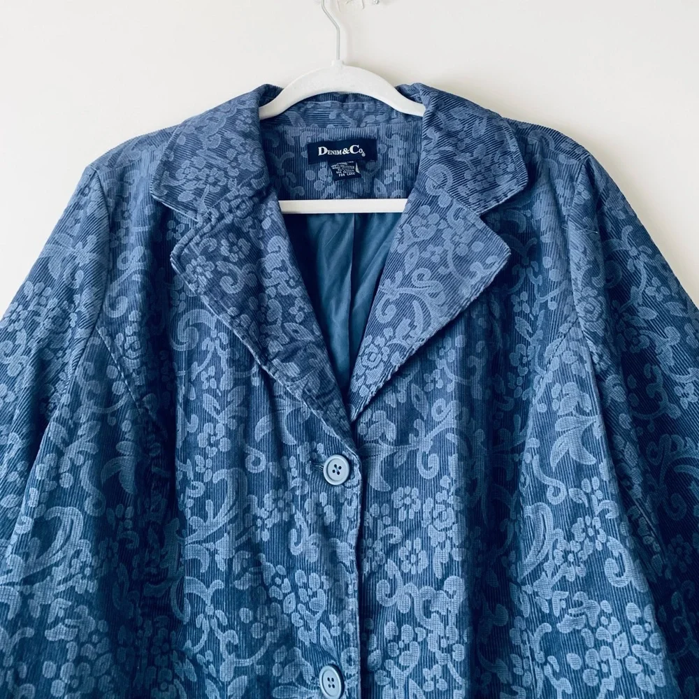 Vintage Blue Floral Print Corduroy Blazer Jacket Women Size 1X